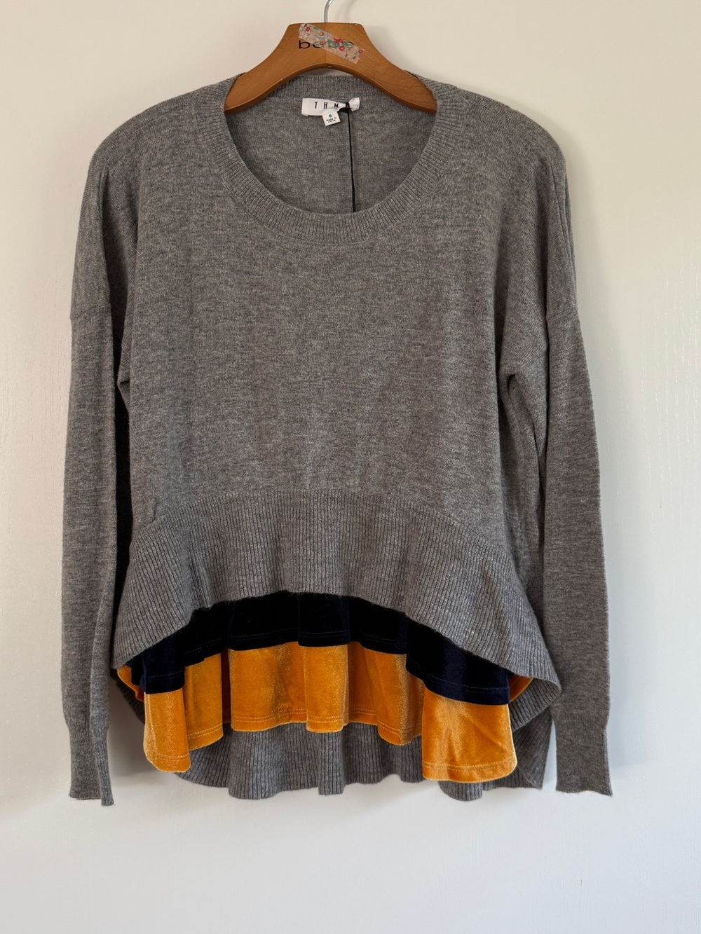 THML Gray Sweater with Navy and Mustard Velvet Tiered Hem NWOT